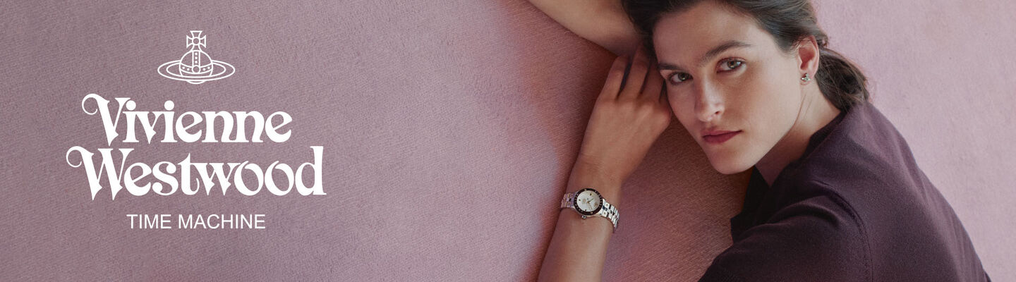 Vivienne Westwood &ldquo;Time Machine&rdquo; banner with a woman reclining on a pink sofa, wearing a silver watch.